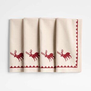 Crate & Barrel Red Cross Stitch Holiday Reindeer Dinner Napkins, Set of 4